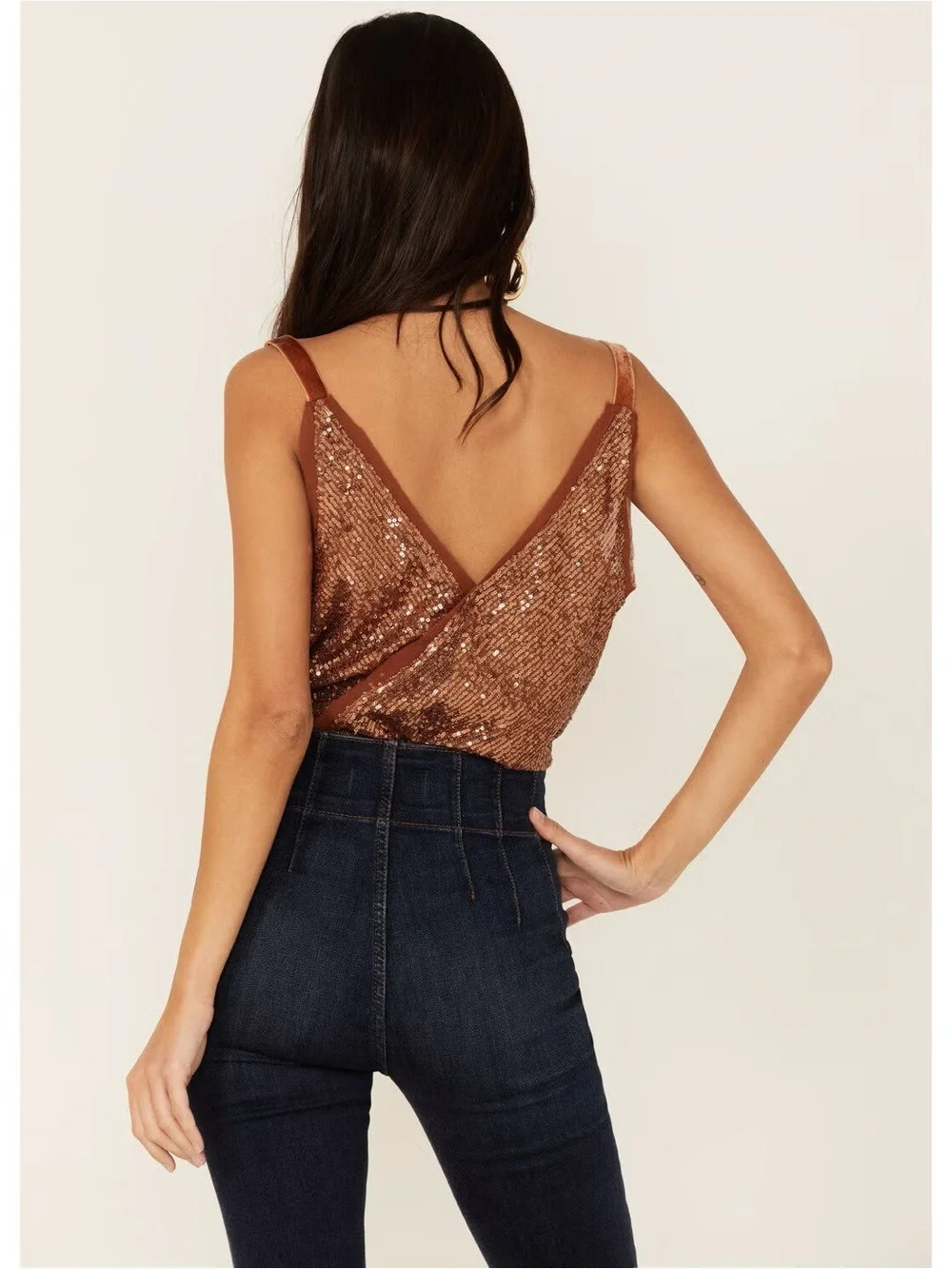 NWT Free People Shimmer & Shine Bodysuit in Sunset Orange Brown Sequins Size XL